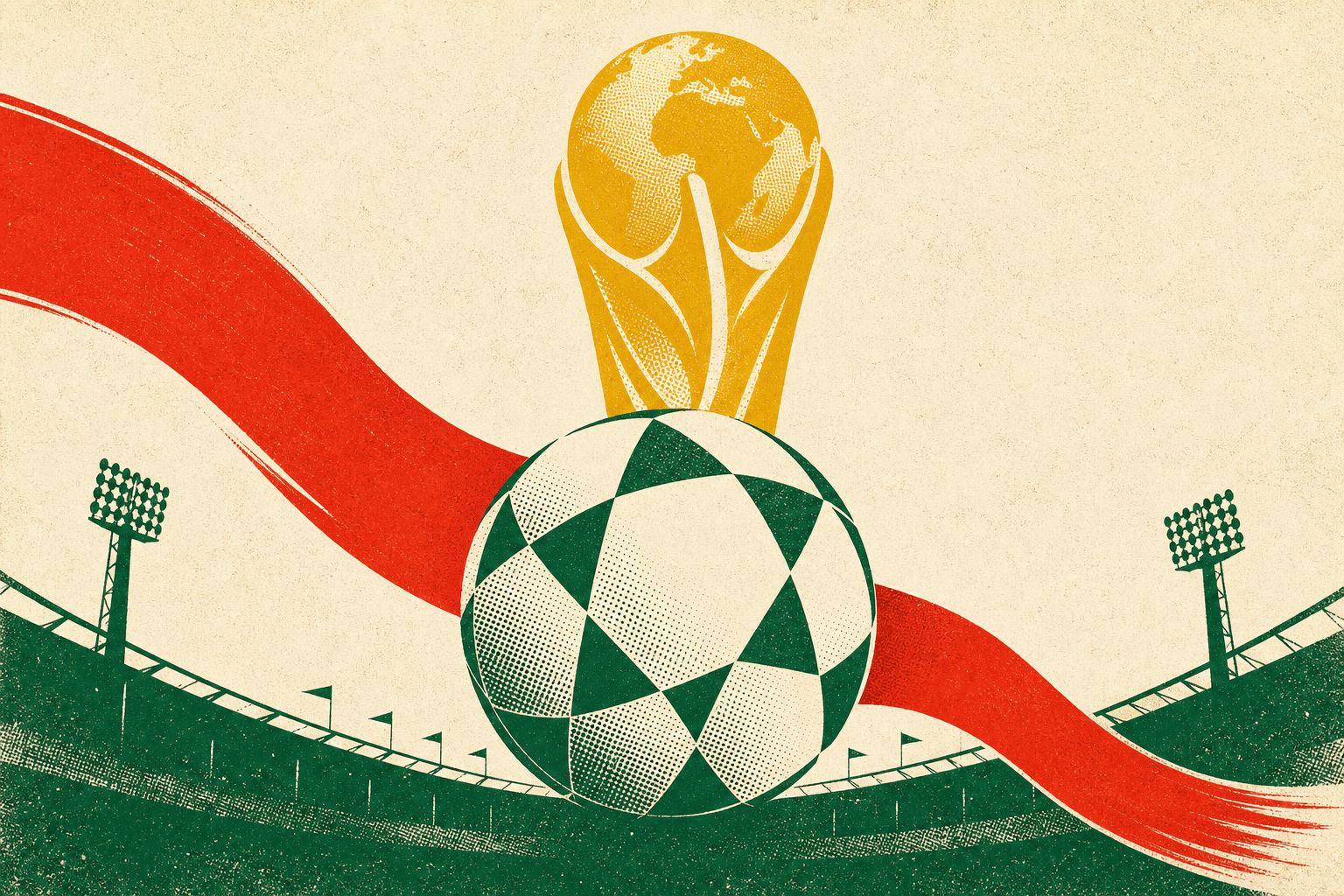A vintage-poster style illustration: a soccer ball in front of a gold World Cup trophy, with a red ribbon flowing across a stadium silhouette.